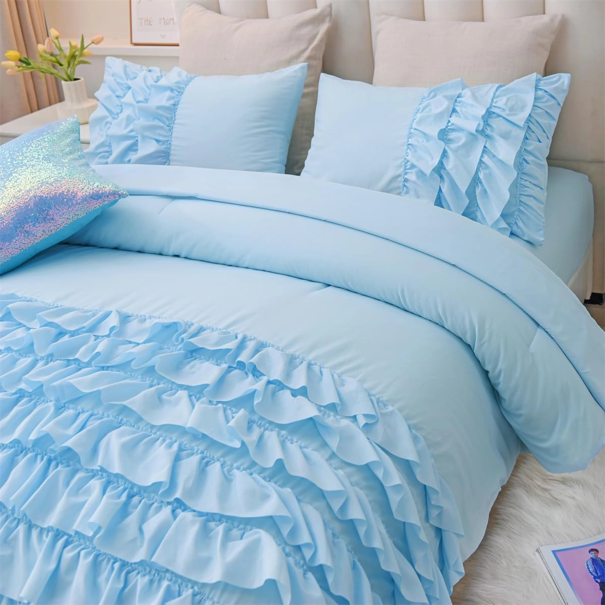 Holawakaka Light Blue Waterfall Ruffle Comforter Set Twin Size Multi-Layers Ruffled Shabby Chic 3PCS Bedding Set for Girls Women