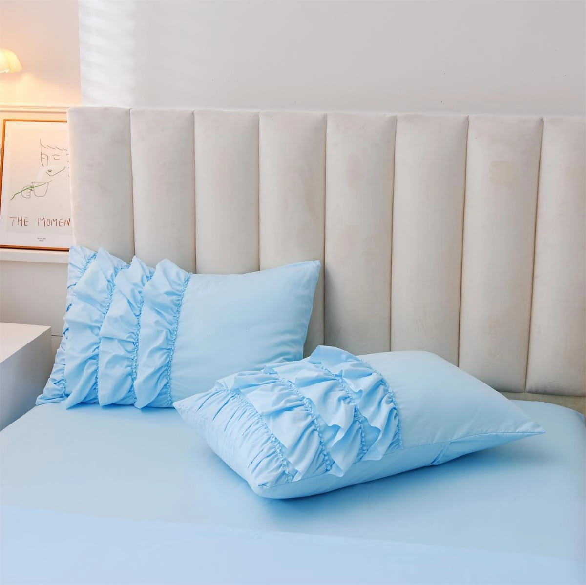 Holawakaka Light Blue Waterfall Ruffle Comforter Set Twin Size Multi-Layers Ruffled Shabby Chic 3PCS Bedding Set for Girls Women