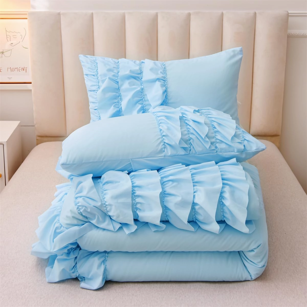 Holawakaka Light Blue Waterfall Ruffle Comforter Set Twin Size Multi-Layers Ruffled Shabby Chic 3PCS Bedding Set for Girls Women