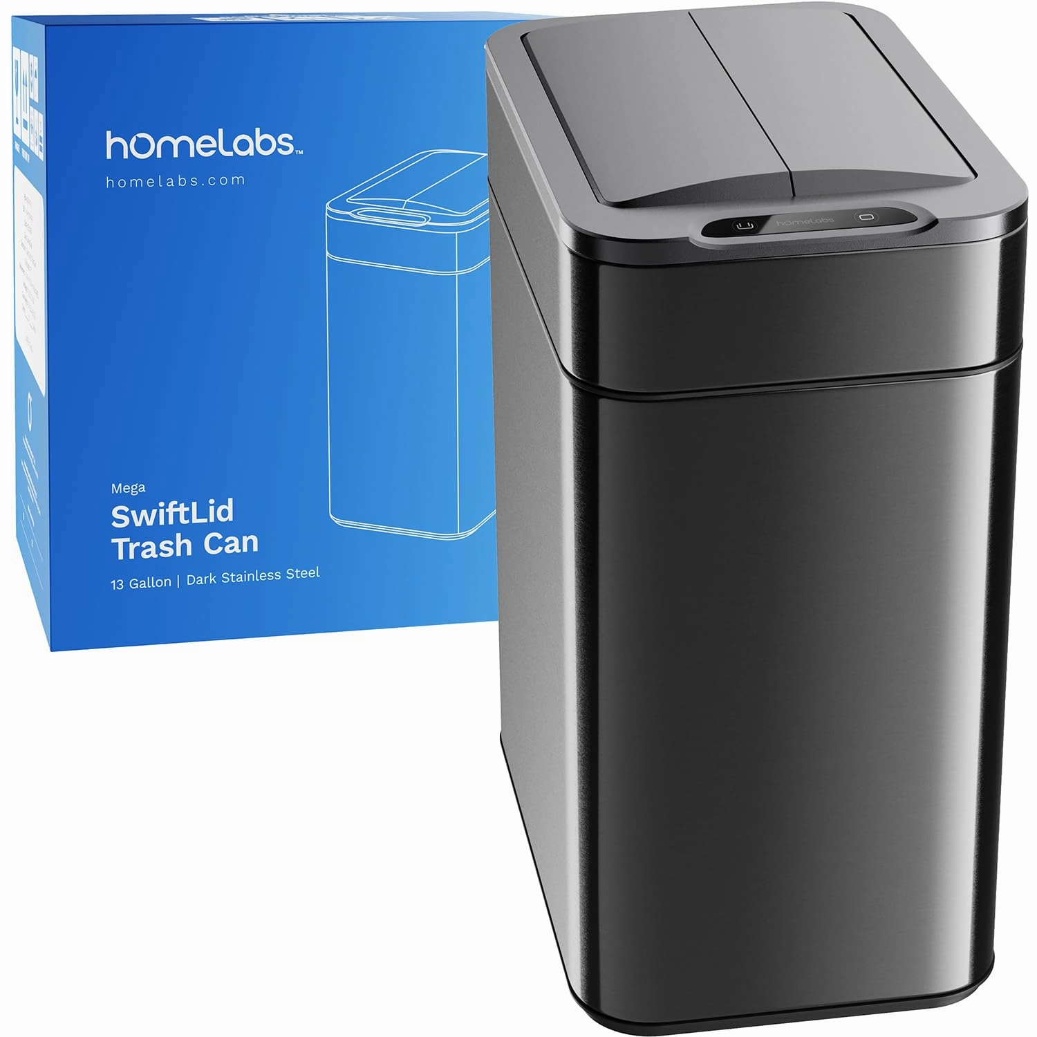 hOmeLabs - 13 Gallon Kitchen Trash Can - Retractable Automatic Sensor Butterfly Lid, Space-Saving Design, Easy to Clean, Battery-Operated with Batteries Included - Dark Stainless Steel
