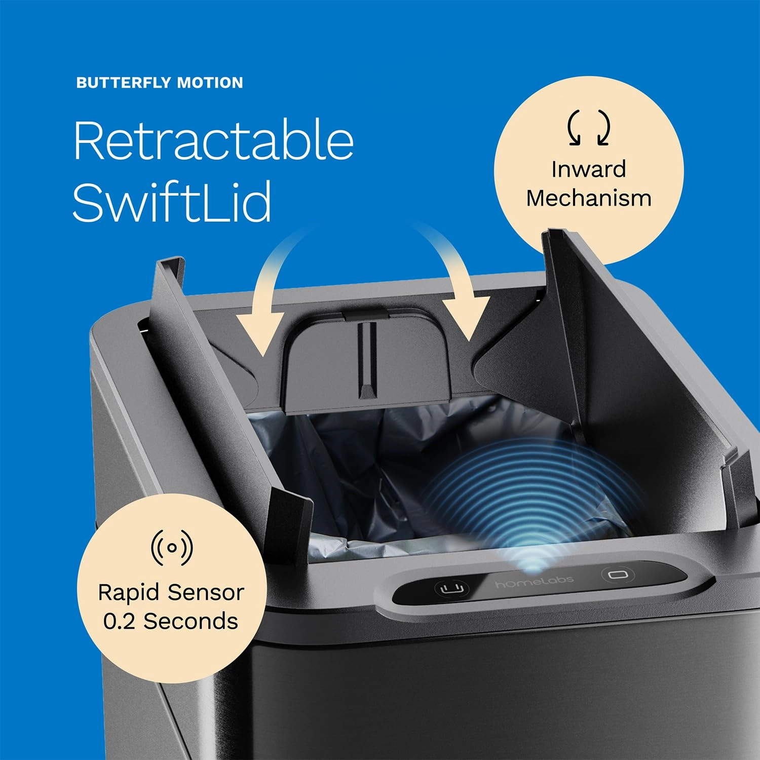 hOmeLabs - 13 Gallon Kitchen Trash Can - Retractable Automatic Sensor Butterfly Lid, Space-Saving Design, Easy to Clean, Battery-Operated with Batteries Included - Dark Stainless Steel