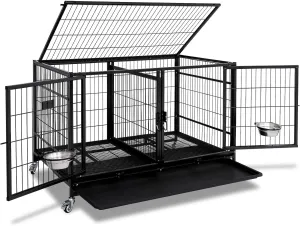 Homey Pet 43 Inch Metal Open Top Stackable Heavy Duty Dog Cage Kennel with Three Door, Metal Floor Grid, Tray, Wheels, Divider and Feeding Bowl, Drop Dog Cages Indoor