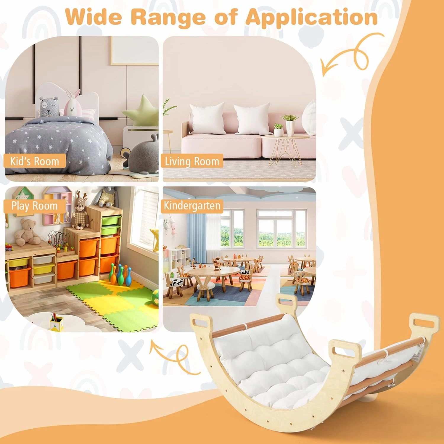 HONEY JOY Wooden Ladder Arch for Climbing, 3-in-1 Kids Climber Ladder & Rocker Board w/Cushion Pad, Triangle Climber for Playground, Gym & Daycare, Climbing Toy for Toddlers Boys Girls (Natural)