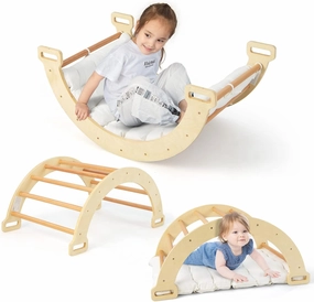 HONEY JOY Wooden Ladder Arch for Climbing, 3-in-1 Kids Climber Ladder & Rocker Board w/Cushion Pad, Triangle Climber for Playground, Gym & Daycare, Climbing Toy for Toddlers Boys Girls (Natural)