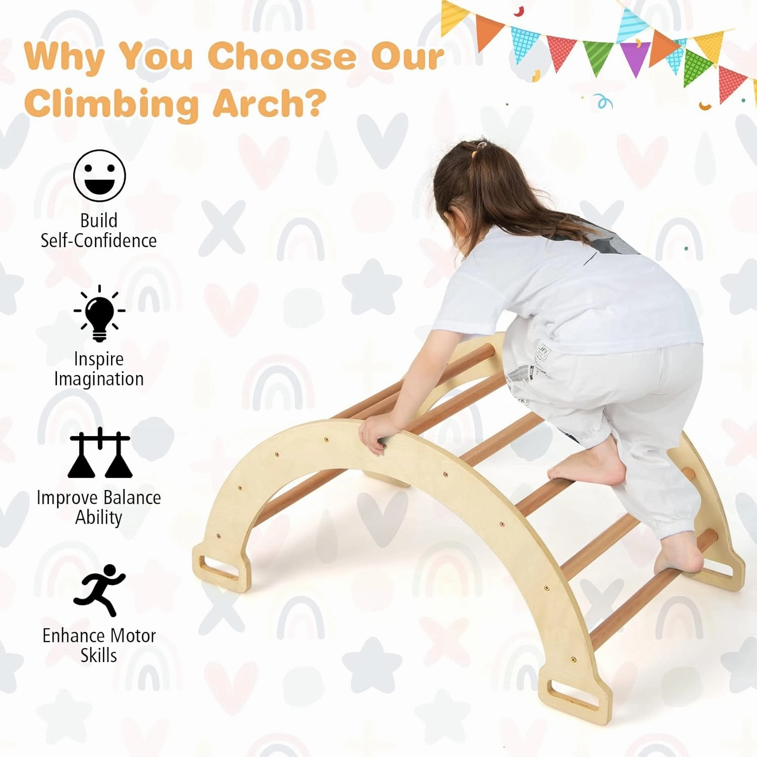 HONEY JOY Wooden Ladder Arch for Climbing, 3-in-1 Kids Climber Ladder & Rocker Board w/Cushion Pad, Triangle Climber for Playground, Gym & Daycare, Climbing Toy for Toddlers Boys Girls (Natural)