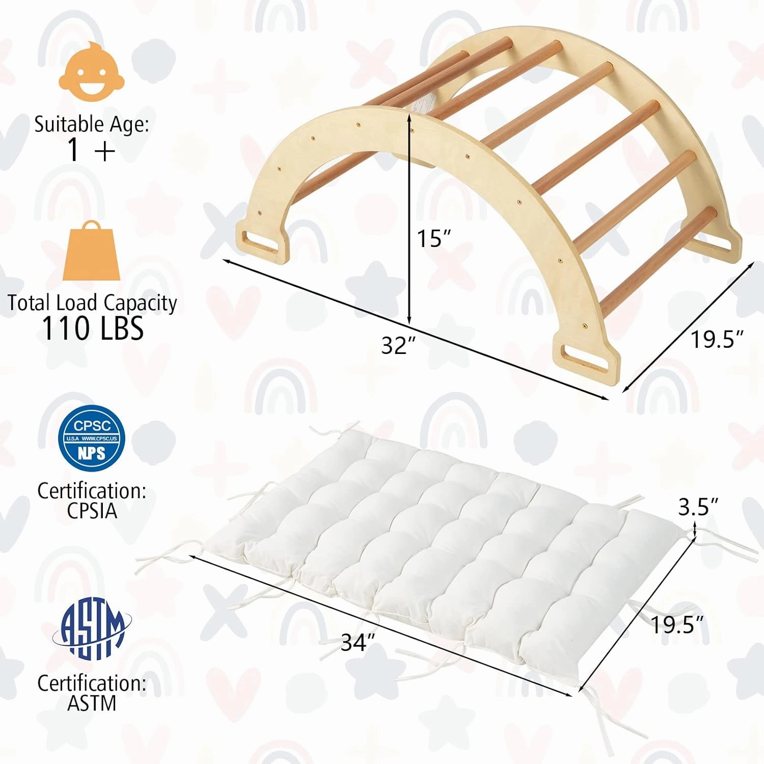 HONEY JOY Wooden Ladder Arch for Climbing, 3-in-1 Kids Climber Ladder & Rocker Board w/Cushion Pad, Triangle Climber for Playground, Gym & Daycare, Climbing Toy for Toddlers Boys Girls (Natural)