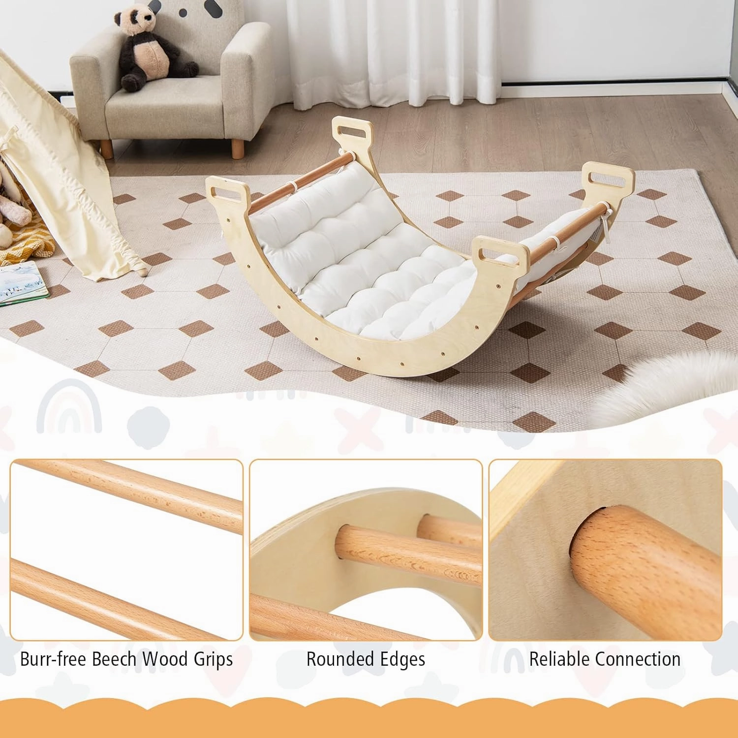 HONEY JOY Wooden Ladder Arch for Climbing, 3-in-1 Kids Climber Ladder & Rocker Board w/Cushion Pad, Triangle Climber for Playground, Gym & Daycare, Climbing Toy for Toddlers Boys Girls (Natural)
