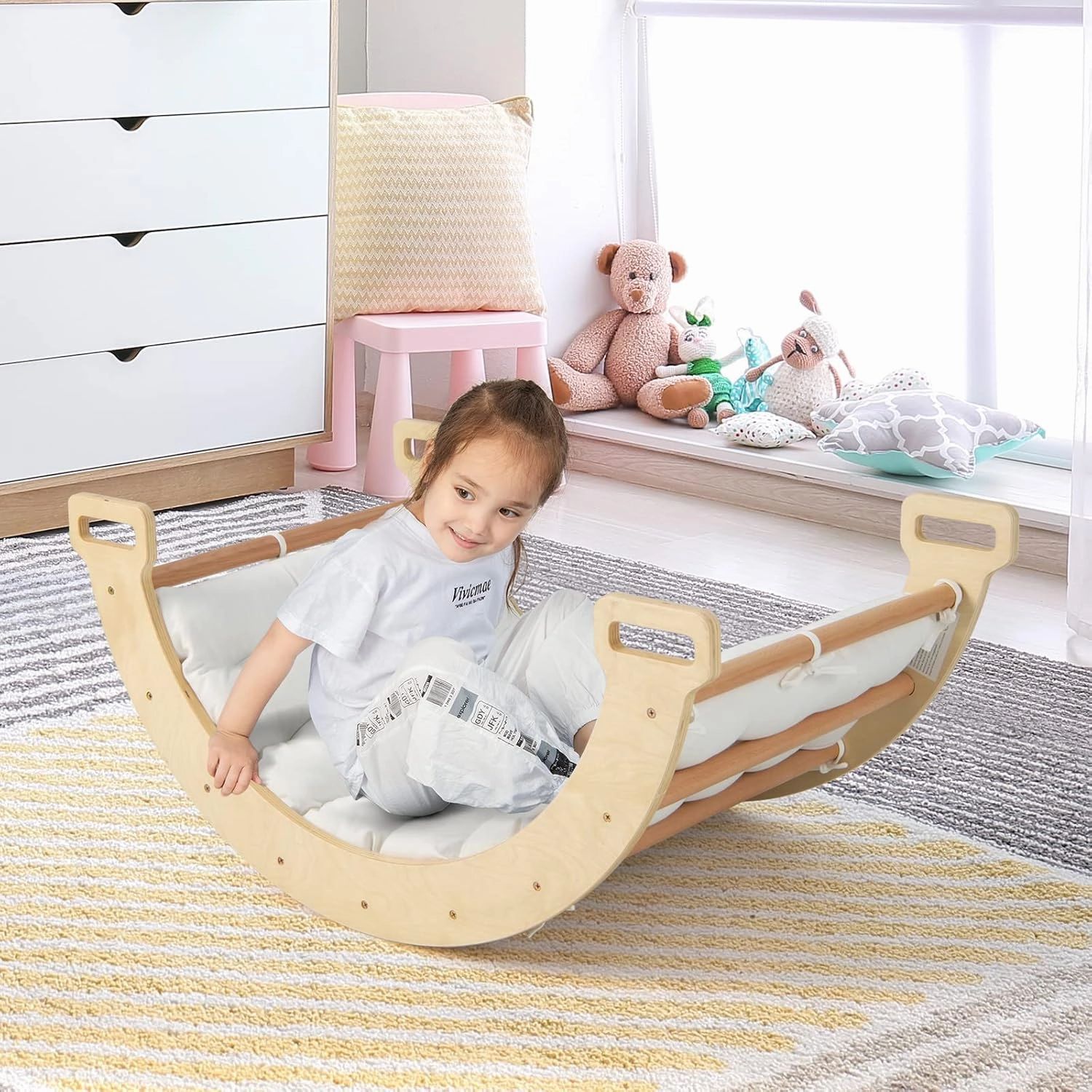 HONEY JOY Wooden Ladder Arch for Climbing, 3-in-1 Kids Climber Ladder & Rocker Board w/Cushion Pad, Triangle Climber for Playground, Gym & Daycare, Climbing Toy for Toddlers Boys Girls (Natural)