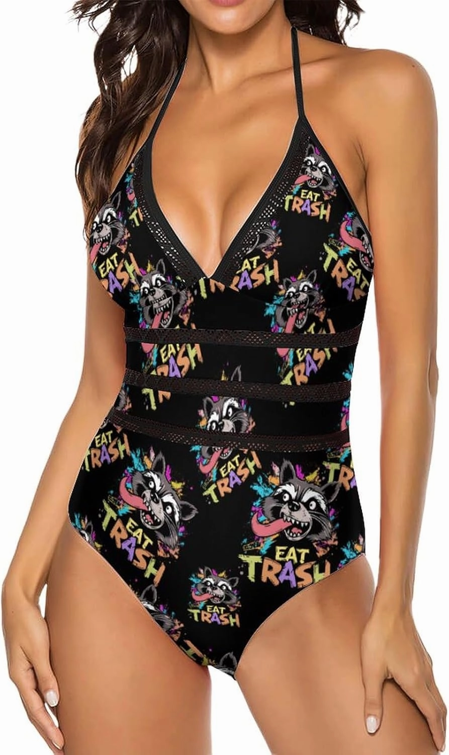 Hooligan Raccoon Eat Garbage One Piece Swimsuit Women Backless Hollow Adjustable Strap Bathing Suit V Neck Swimwear