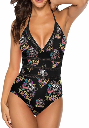 Hooligan Raccoon Eat Garbage One Piece Swimsuit Women Backless Hollow Adjustable Strap Bathing Suit V Neck Swimwear