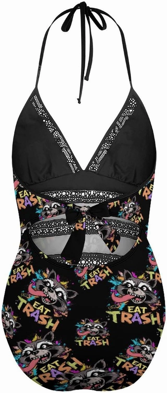 Hooligan Raccoon Eat Garbage One Piece Swimsuit Women Backless Hollow Adjustable Strap Bathing Suit V Neck Swimwear
