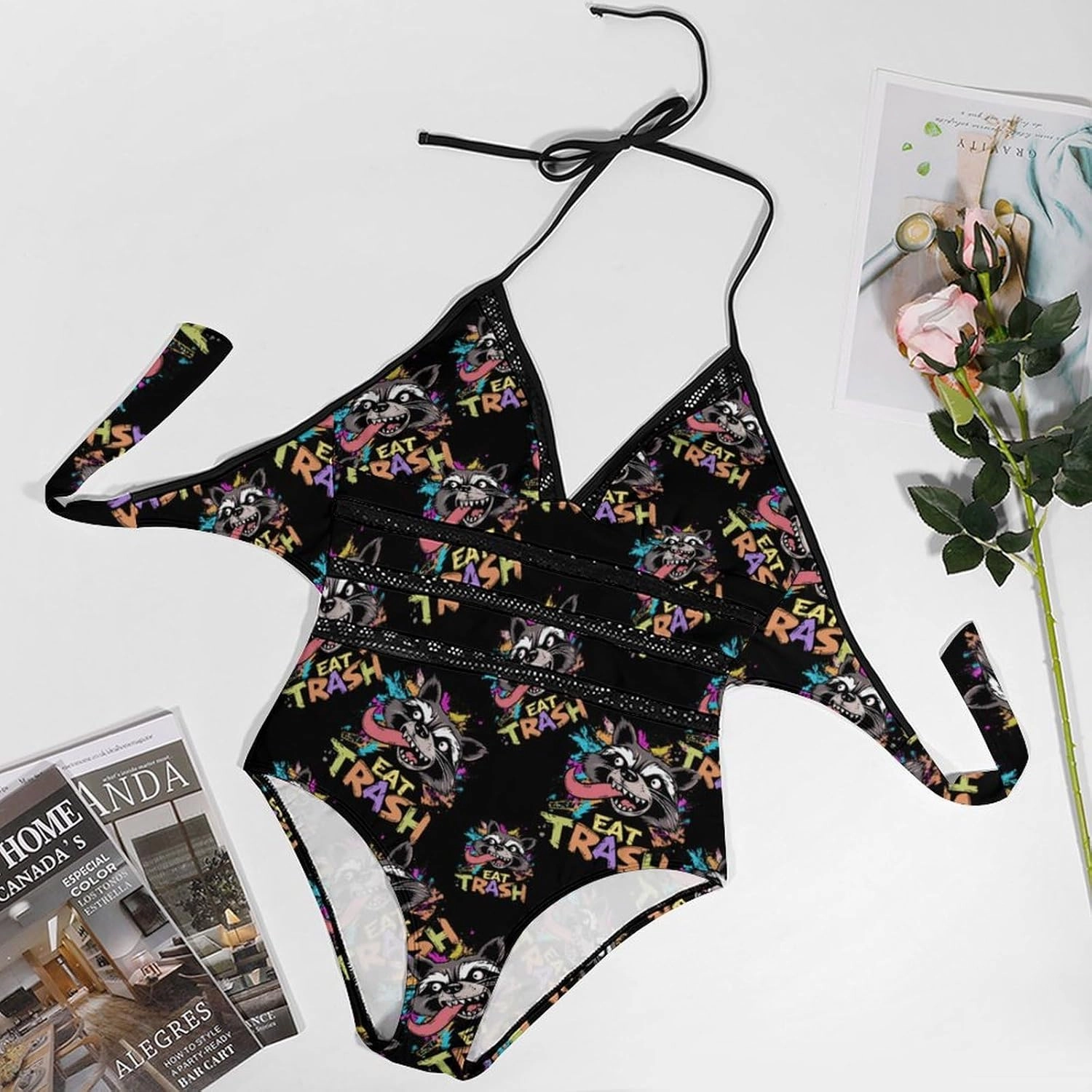 Hooligan Raccoon Eat Garbage One Piece Swimsuit Women Backless Hollow Adjustable Strap Bathing Suit V Neck Swimwear
