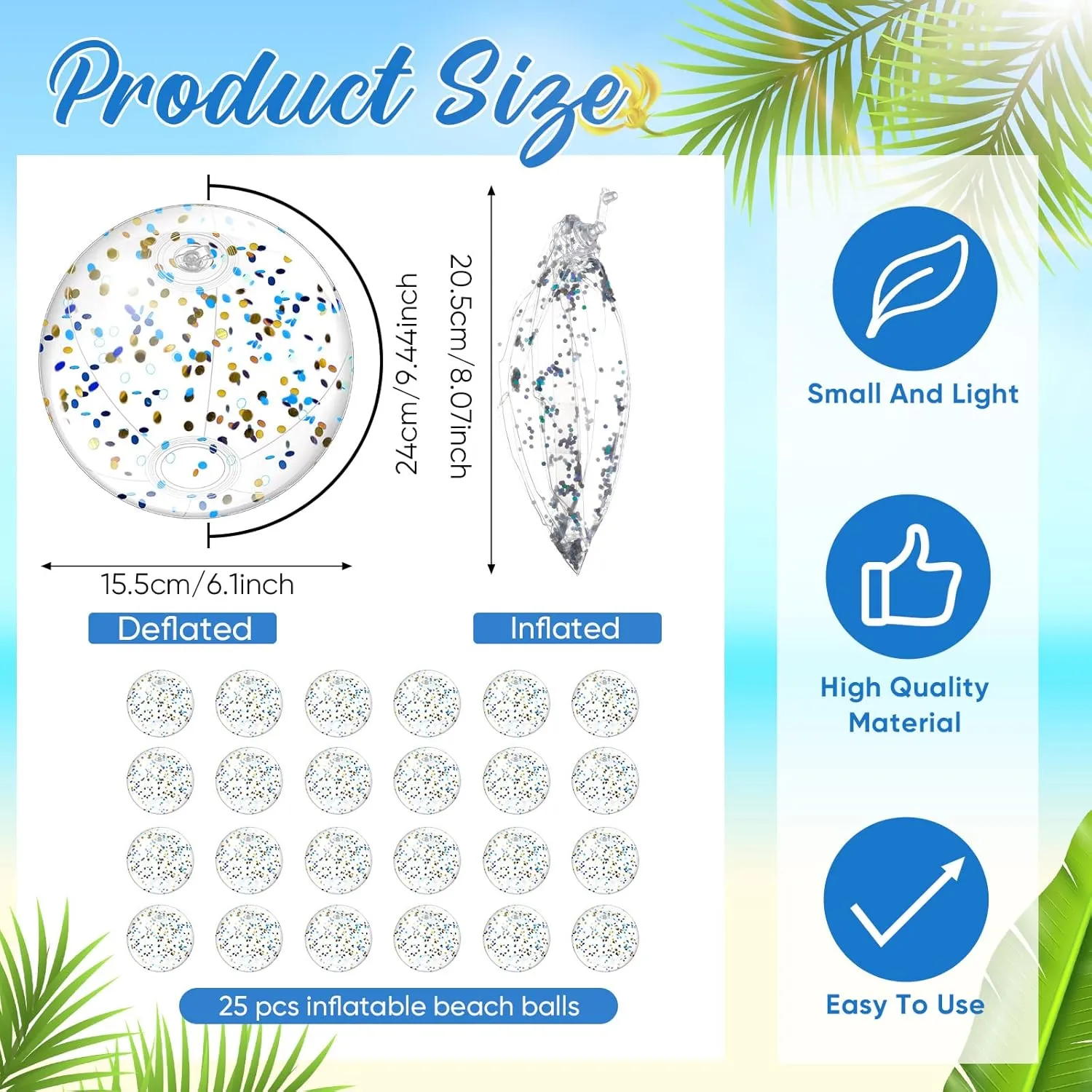 Hungdao 25 Pcs Inflatable Glitter Beach Ball 8 Inches Mini Clear Floatable Confetti Ball for Kids Bulk Swimming Pool Theme Party Toy for Hawaiian Theme Party Decorations Favors Supplies