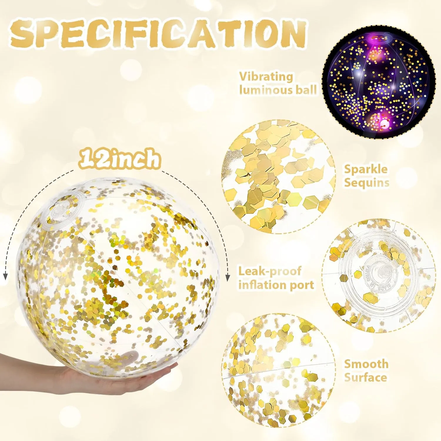 HyDren 4 Pack LED Light up Beach Ball 12 Inches Glow in The Dark Pool Balls Confetti Glitters Inflatable Light up Beach Ball Pool Toys for Teens Adults Summer Disco Party Favors(Orange, Yellow)