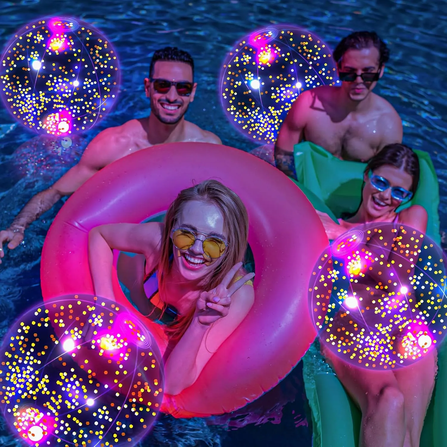 HyDren 4 Pack LED Light up Beach Ball 12 Inches Glow in The Dark Pool Balls Confetti Glitters Inflatable Light up Beach Ball Pool Toys for Teens Adults Summer Disco Party Favors(Orange, Yellow)