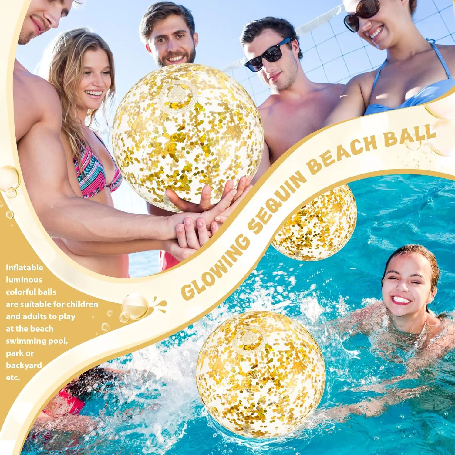 HyDren 4 Pack LED Light up Beach Ball 12 Inches Glow in The Dark Pool Balls Confetti Glitters Inflatable Light up Beach Ball Pool Toys for Teens Adults Summer Disco Party Favors(Orange, Yellow)