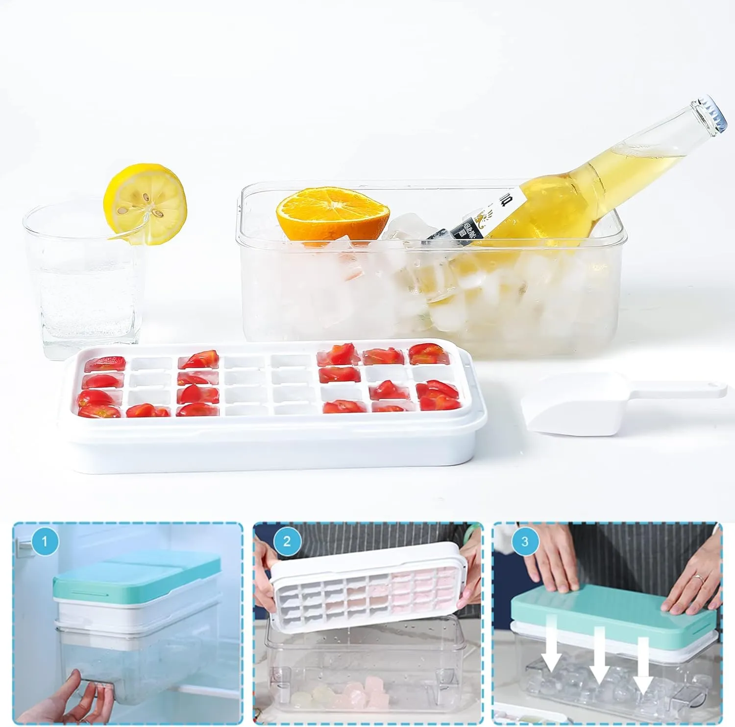 Ice Cube Tray, Ice Tray with Lid and Bin and Ice Scoop, Ice Cube Pop Out Tray, Ice Cube Trays for Freezer, Ice Cube Molds, BPA Free, Easy Release Stackble Spill-Resistant (Blue 3 Tier)…