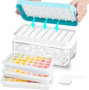 Ice Cube Tray, Ice Tray with Lid and Bin and Ice Scoop, Ice Cube Pop Out Tray, Ice Cube Trays for Freezer, Ice Cube Molds, BPA Free, Easy Release Stackble Spill-Resistant (Blue 3 Tier)…