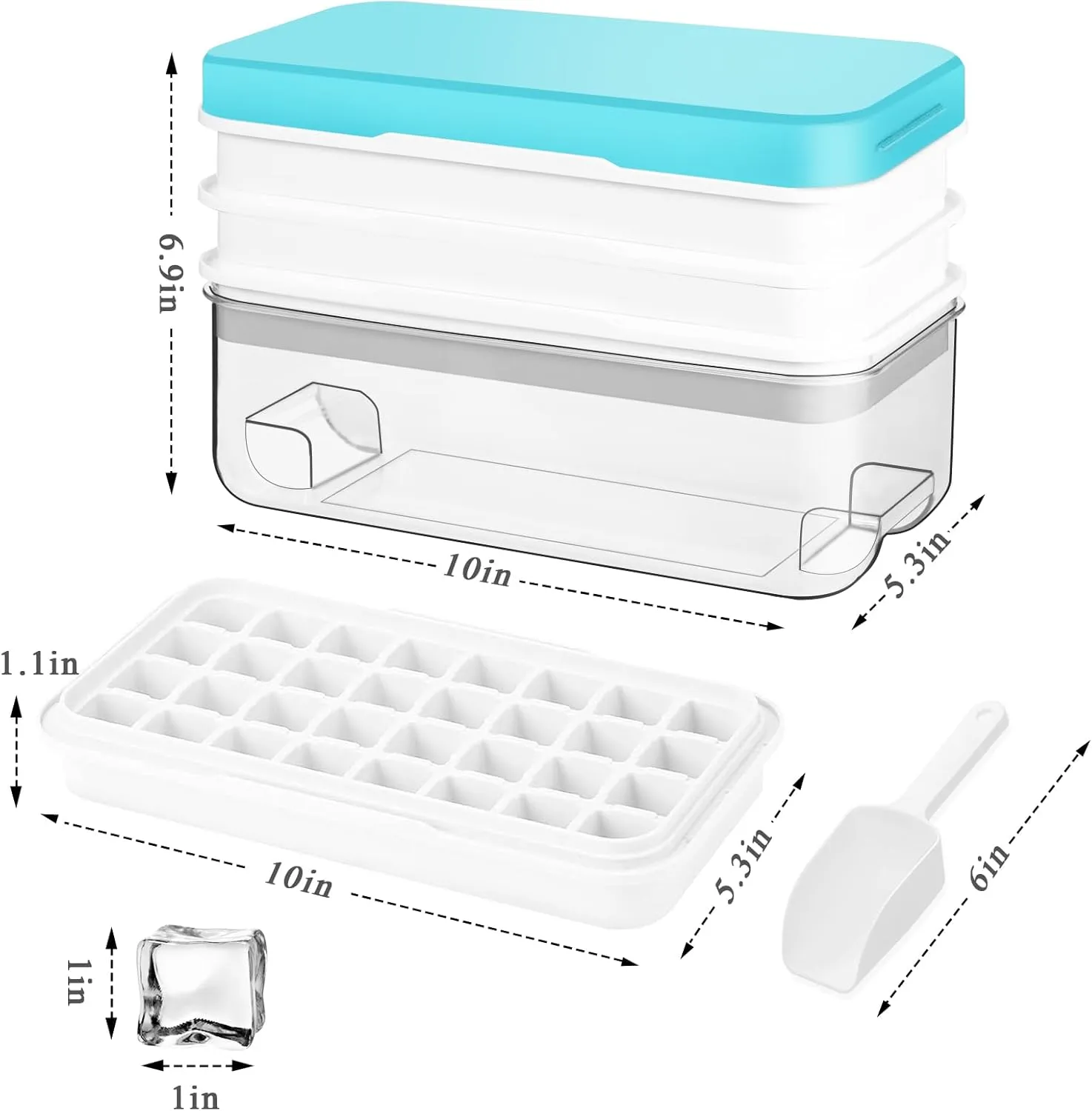 Ice Cube Tray, Ice Tray with Lid and Bin and Ice Scoop, Ice Cube Pop Out Tray, Ice Cube Trays for Freezer, Ice Cube Molds, BPA Free, Easy Release Stackble Spill-Resistant (Blue 3 Tier)…