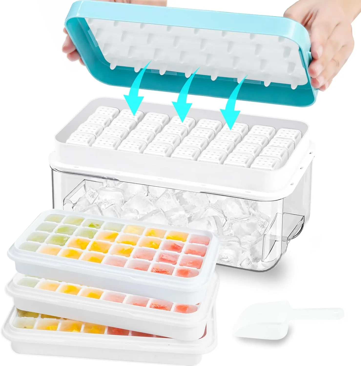 Ice Cube Tray, Ice Tray with Lid and Bin and Ice Scoop, Ice Cube Pop Out Tray, Ice Cube Trays for Freezer, Ice Cube Molds, BPA Free, Easy Release Stackble Spill-Resistant (Blue 3 Tier)…
