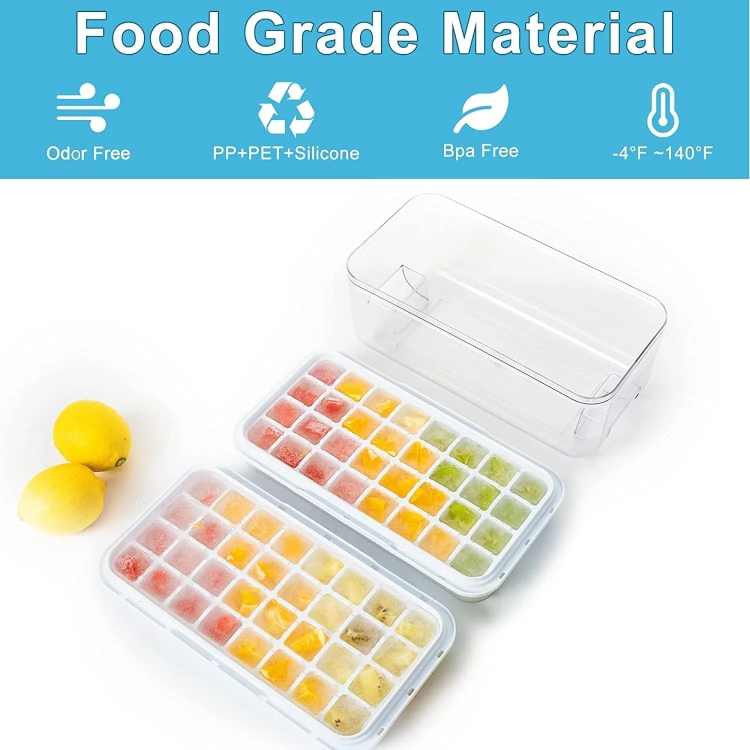 Ice Cube Tray, Ice Tray with Lid and Bin and Ice Scoop, Ice Cube Pop Out Tray, Ice Cube Trays for Freezer, Ice Cube Molds, BPA Free, Easy Release Stackble Spill-Resistant (Blue 3 Tier)…