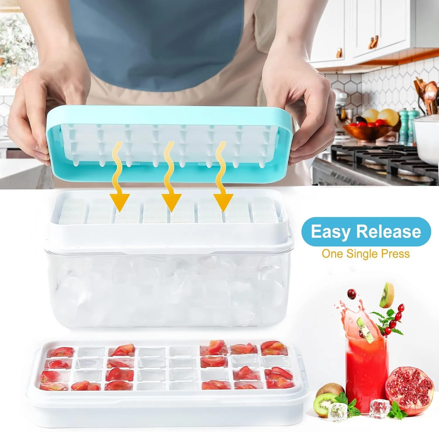 Ice Cube Tray, Ice Tray with Lid and Bin and Ice Scoop, Ice Cube Pop Out Tray, Ice Cube Trays for Freezer, Ice Cube Molds, BPA Free, Easy Release Stackble Spill-Resistant (Blue 3 Tier)…