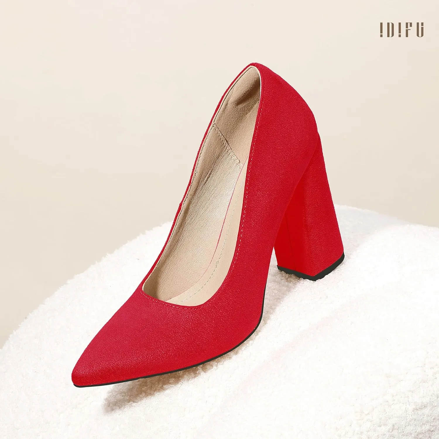 IDIFU IN4 Women's Pumps - Closed Toe Heels with Chunky Block Heels - Thick Pointed Toe Dress Shoes for Women - Wedding, Prom, Bridal, Office, Business - Comfortable, Formal, Fashion, Classic Pumps