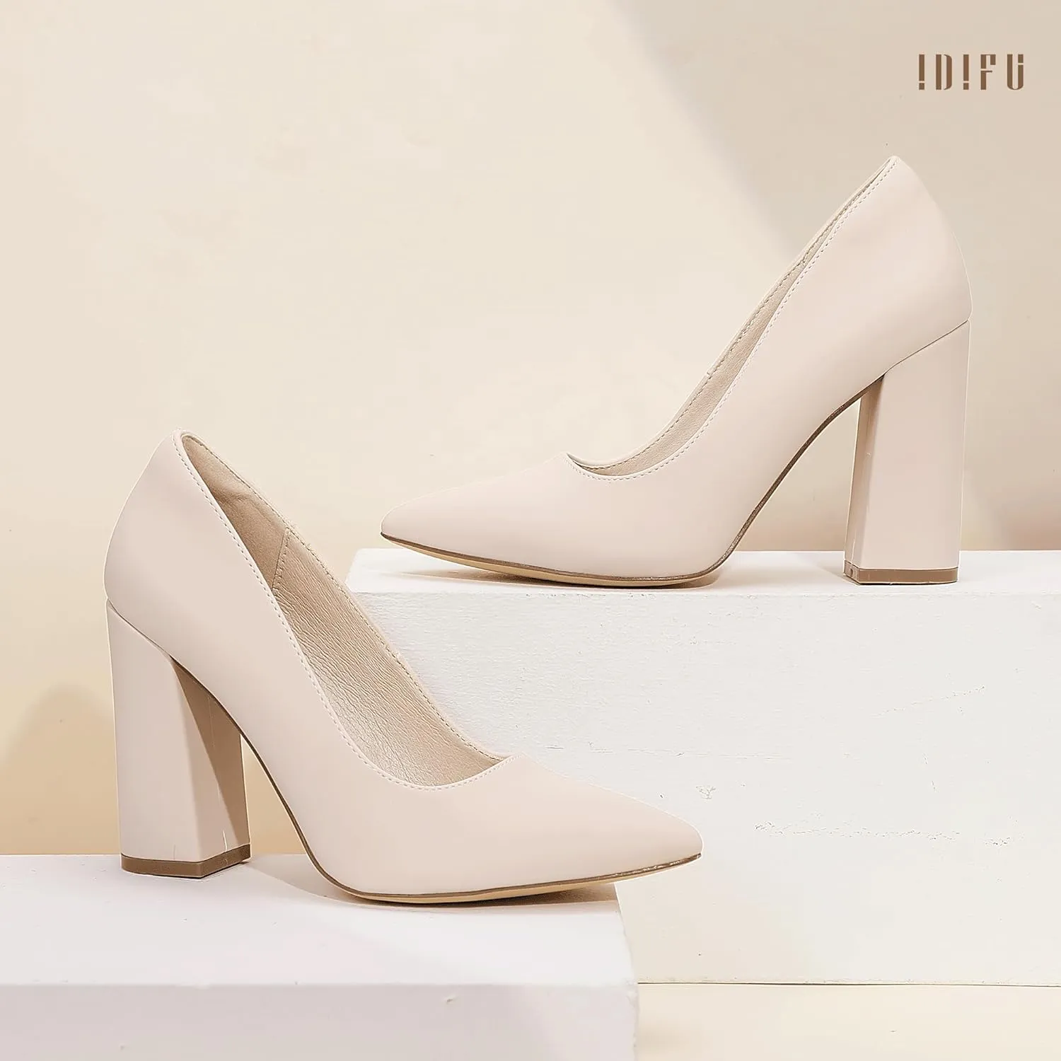 IDIFU IN4 Women's Pumps - Closed Toe Heels with Chunky Block Heels - Thick Pointed Toe Dress Shoes for Women - Wedding, Prom, Bridal, Office, Business - Comfortable, Formal, Fashion, Classic Pumps