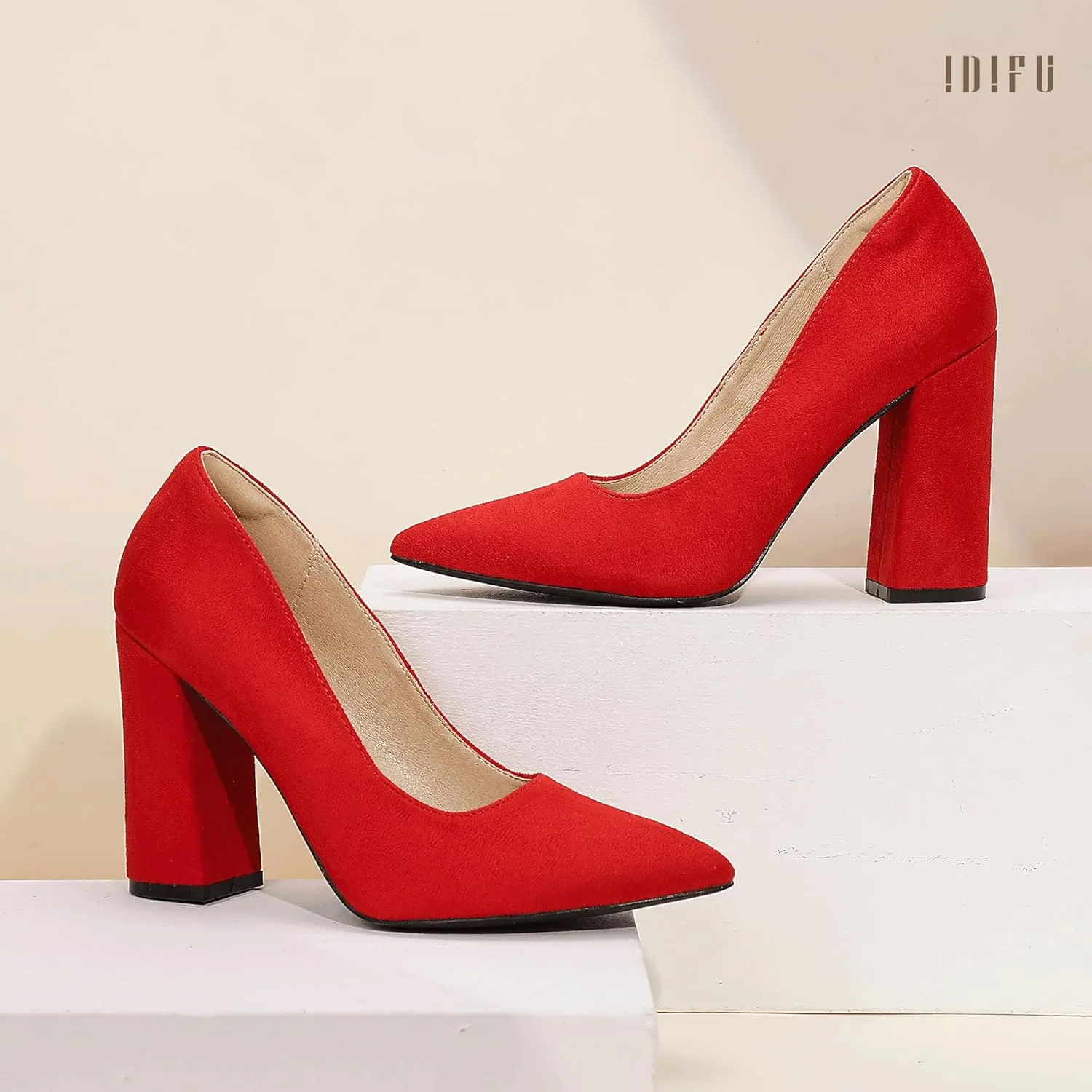 IDIFU IN4 Women's Pumps - Closed Toe Heels with Chunky Block Heels - Thick Pointed Toe Dress Shoes for Women - Wedding, Prom, Bridal, Office, Business - Comfortable, Formal, Fashion, Classic Pumps