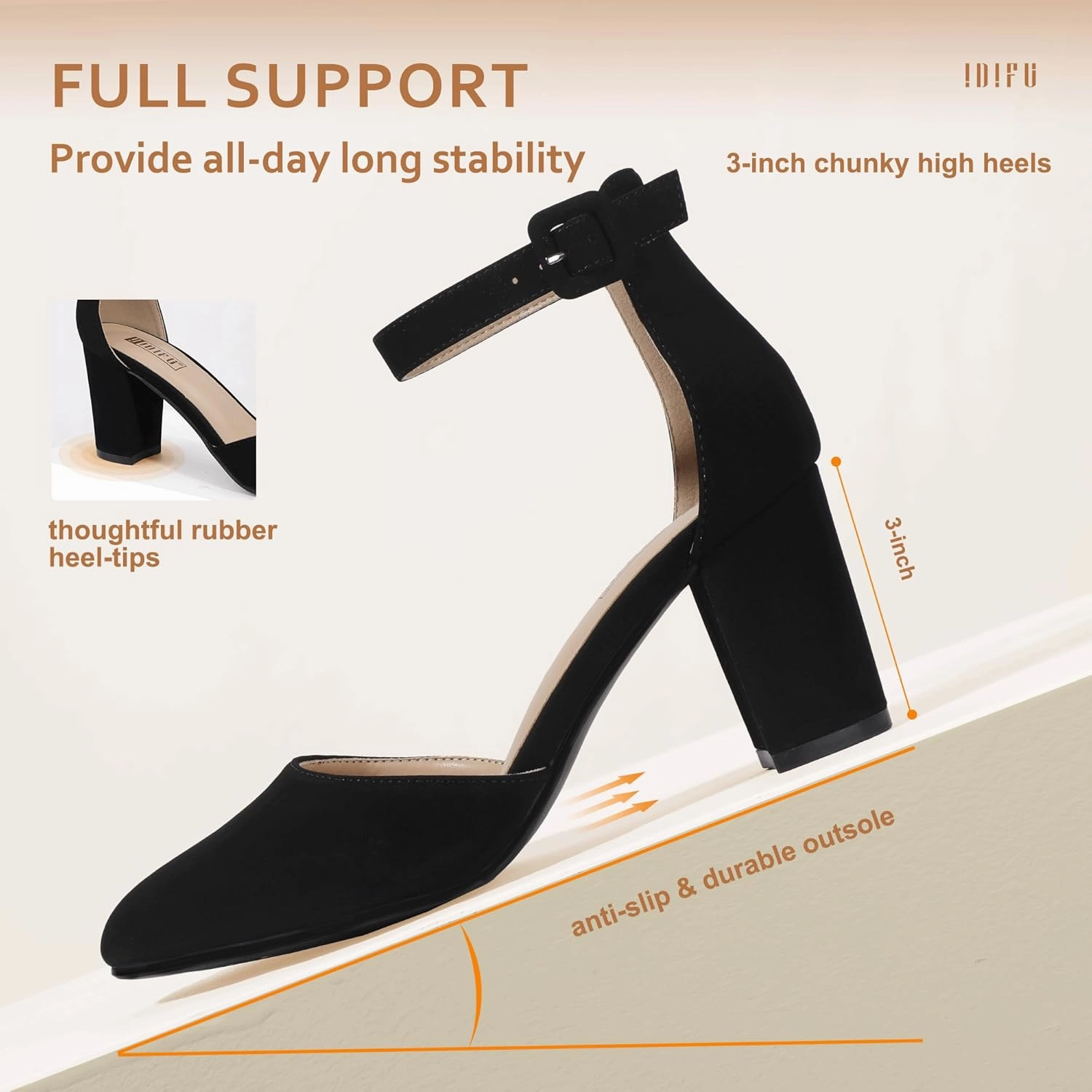 IDIFU IN3 Chunky Block Heels - Women's Pumps for Dress, Wedding, Bridal, Homecoming, Prom & Work - Comfortable Ankle Strap, Round Toe, Thick Heels