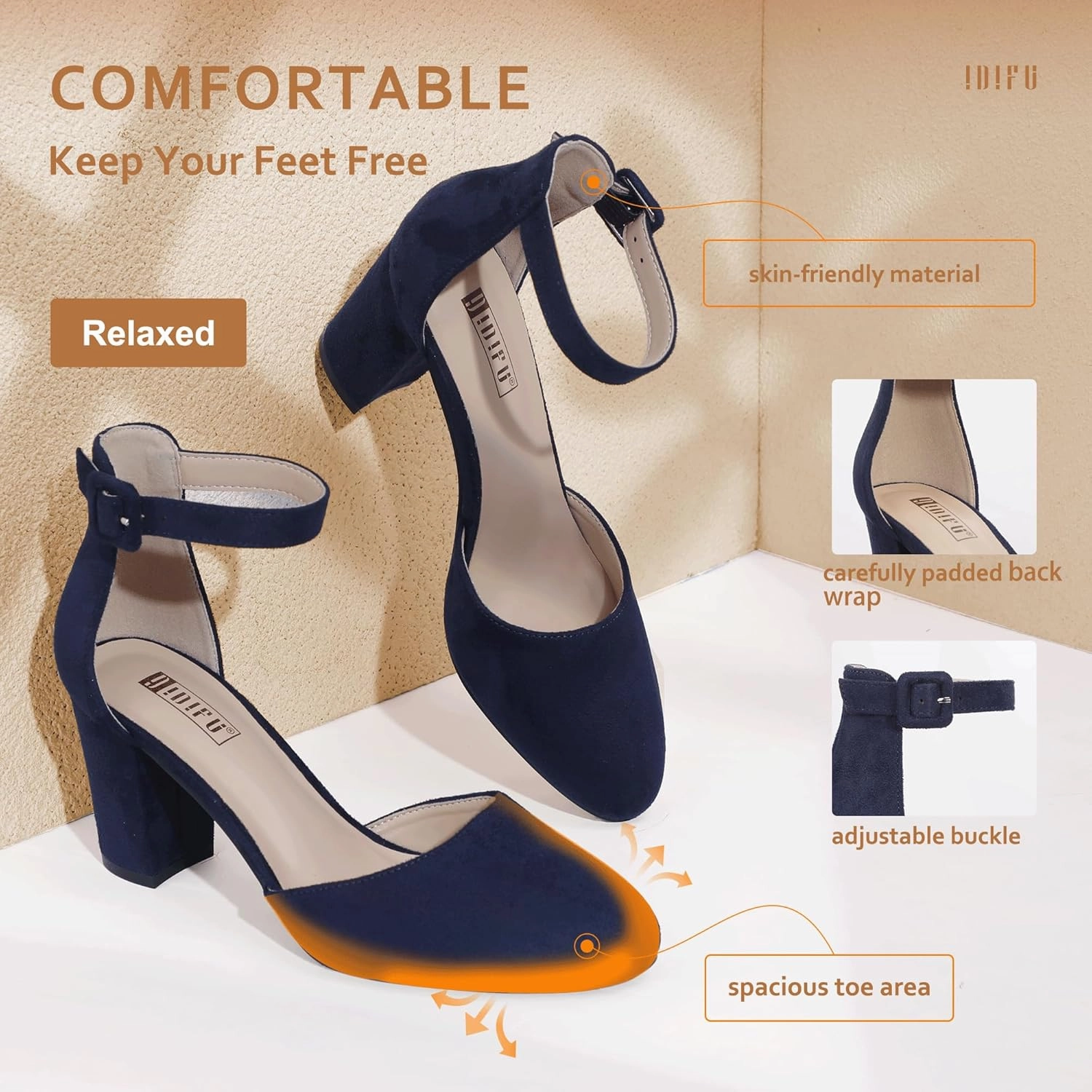 IDIFU IN3 Chunky Block Heels - Women's Pumps for Dress, Wedding, Bridal, Homecoming, Prom & Work - Comfortable Ankle Strap, Round Toe, Thick Heels