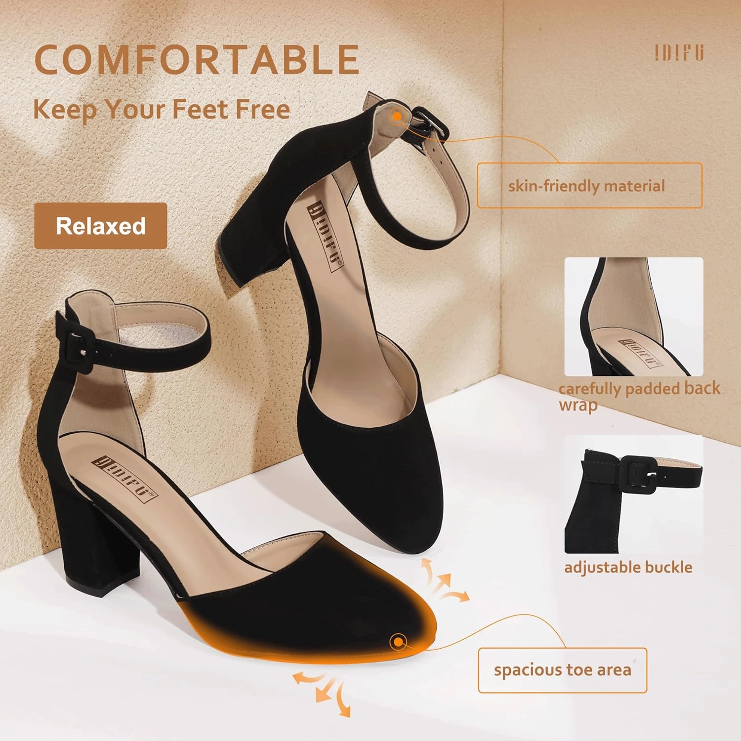 IDIFU IN3 Chunky Block Heels - Women's Pumps for Dress, Wedding, Bridal, Homecoming, Prom & Work - Comfortable Ankle Strap, Round Toe, Thick Heels