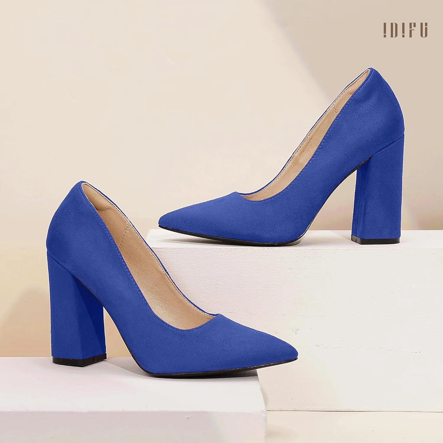 IDIFU IN4 Women's Pumps - Closed Toe Heels with Chunky Block Heels - Thick Pointed Toe Dress Shoes for Women - Wedding, Prom, Bridal, Office, Business - Comfortable, Formal, Fashion, Classic Pumps