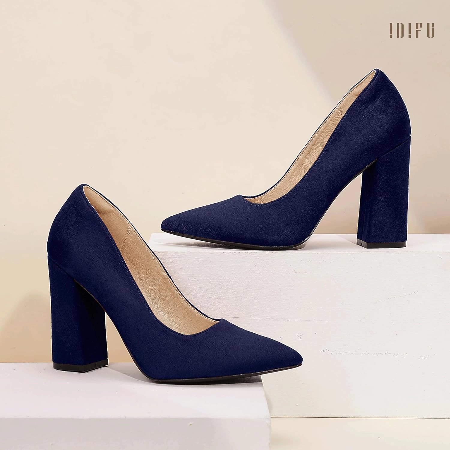 IDIFU IN4 Women's Pumps - Closed Toe Heels with Chunky Block Heels - Thick Pointed Toe Dress Shoes for Women - Wedding, Prom, Bridal, Office, Business - Comfortable, Formal, Fashion, Classic Pumps