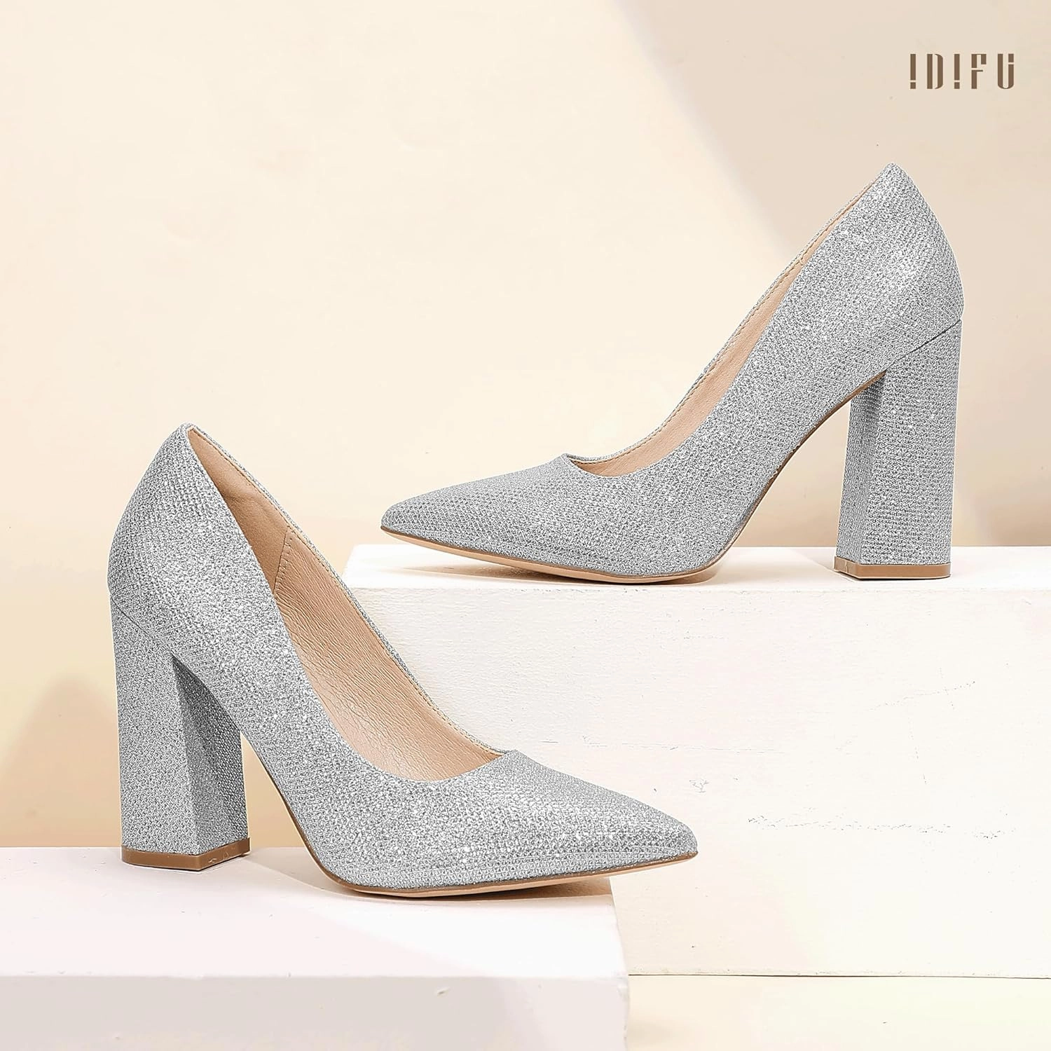 IDIFU IN4 Women's Pumps - Closed Toe Heels with Chunky Block Heels - Thick Pointed Toe Dress Shoes for Women - Wedding, Prom, Bridal, Office, Business - Comfortable, Formal, Fashion, Classic Pumps