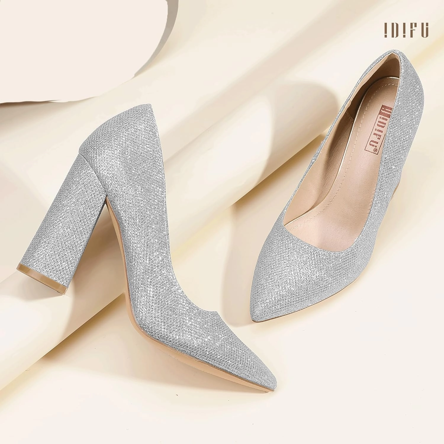 IDIFU IN4 Women's Pumps - Closed Toe Heels with Chunky Block Heels - Thick Pointed Toe Dress Shoes for Women - Wedding, Prom, Bridal, Office, Business - Comfortable, Formal, Fashion, Classic Pumps