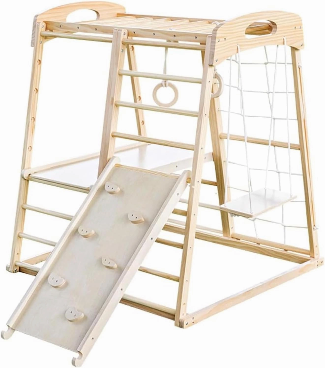 Indoor Children's Playground 6-in-1 Jungle Fitness Play Set for Ages 2-6 - Slide, Climbing Rock, Climbing Wall, Rope Wall Climber, Monkey Bars, Swings - Waldorf and Montessori Style Wooden Climbing