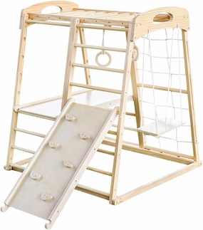 Indoor Children's Playground 6-in-1 Jungle Fitness Play Set for Ages 2-6 - Slide, Climbing Rock, Climbing Wall, Rope Wall Climber, Monkey Bars, Swings - Waldorf and Montessori Style Wooden Climbing