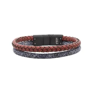 INOX Jewelry Black/White Nylon Cord & Brown Full Grain Cowhide Leather Stacking Duo Bracelet