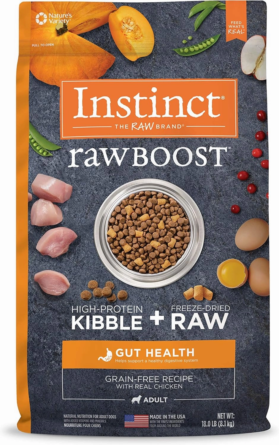 Instinct Raw Boost Natural Dry Dog Food with Freeze Dried Pieces, Grain Free, Real Chicken - Gut Health, 18 lb. Bag