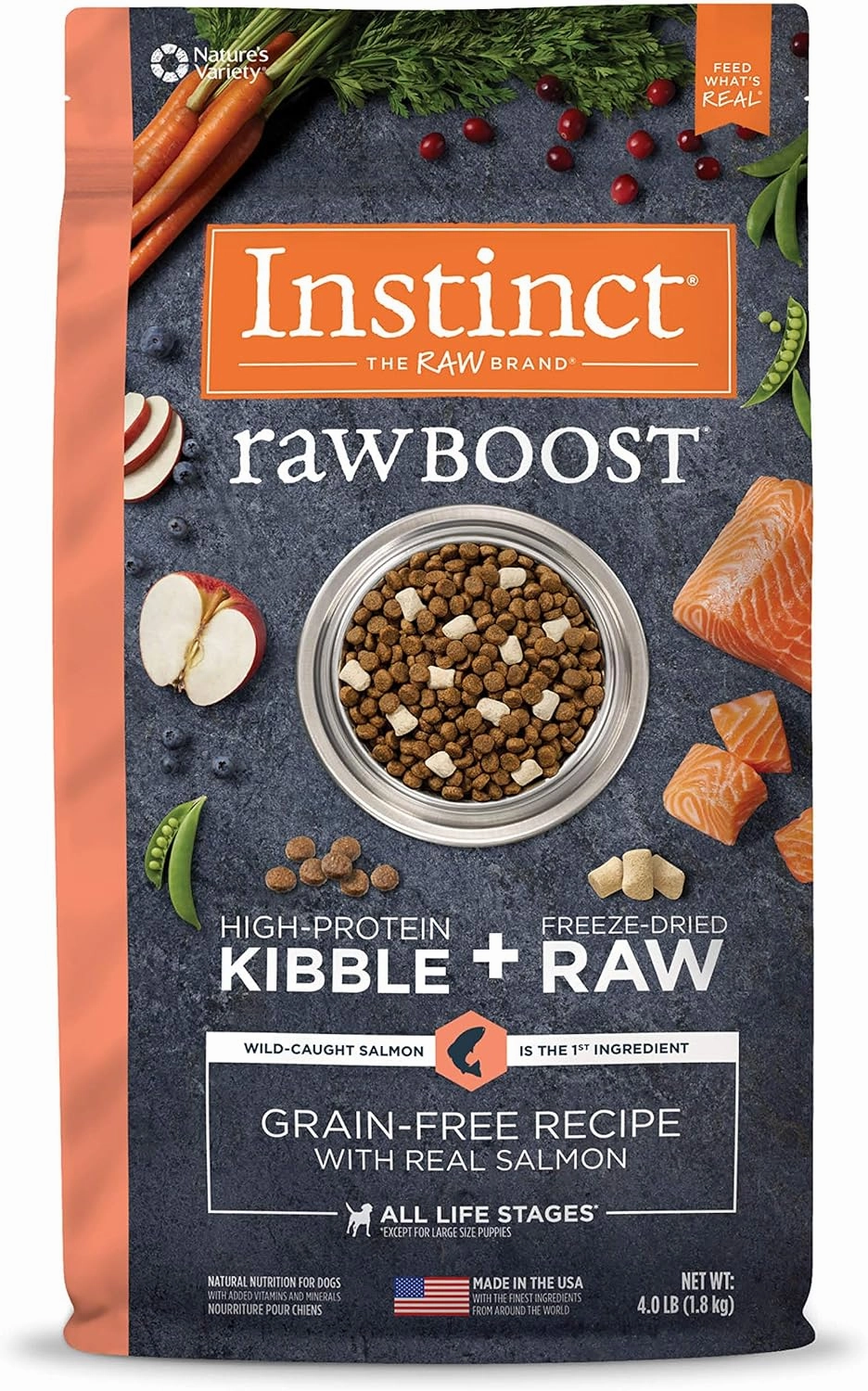 Instinct Raw Boost, Natural Dry Dog Food with Freeze Dried Pieces, High Protein, Grain Free Recipe - Real Salmon, 4 lb. Bag