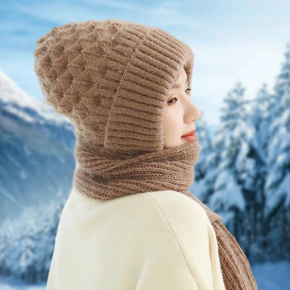 Integrated Ear Protection Windproof Cap Scarf, Elastic Warm Conjoined Ear Protection Knitted Hat, Winter Beanie Hat Scarf