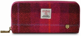 Islander HarrisTweed & PU Leather women’s long zip purse, Fuchisa Tartan, Carry Cash & card, Scottish Style