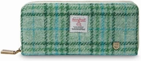 Islander HarrisTweed & PU Leather women’s long zip purse, Mint Tartan, Carry Cash & card, Scottish Style
