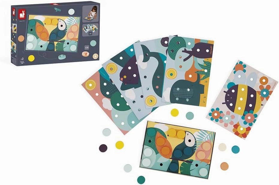 Janod - My First Wooden Mosaics - Early Learning Toy - 6 Perforated Cards and 38 Wooden Pawns - Learning of Colours and Motor Skills - Water Painting - from 2 Years, J08277