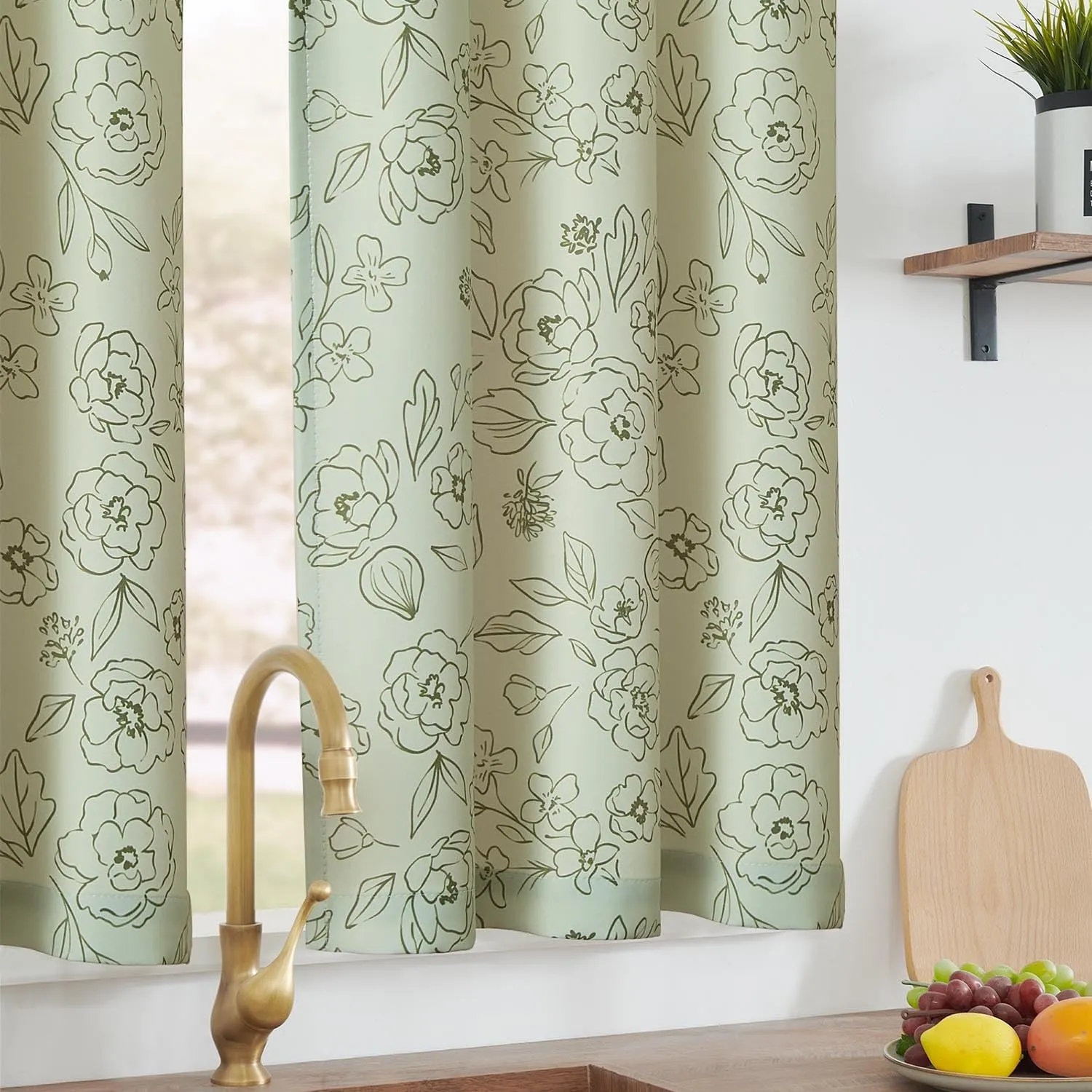 jinchan Floral Kitchen Curtains 24 Inch Length Privacy Small Window Curtains Over Sink Tiers for Living Room Bathroom RV Closet Room Darkening 2 Panels Green