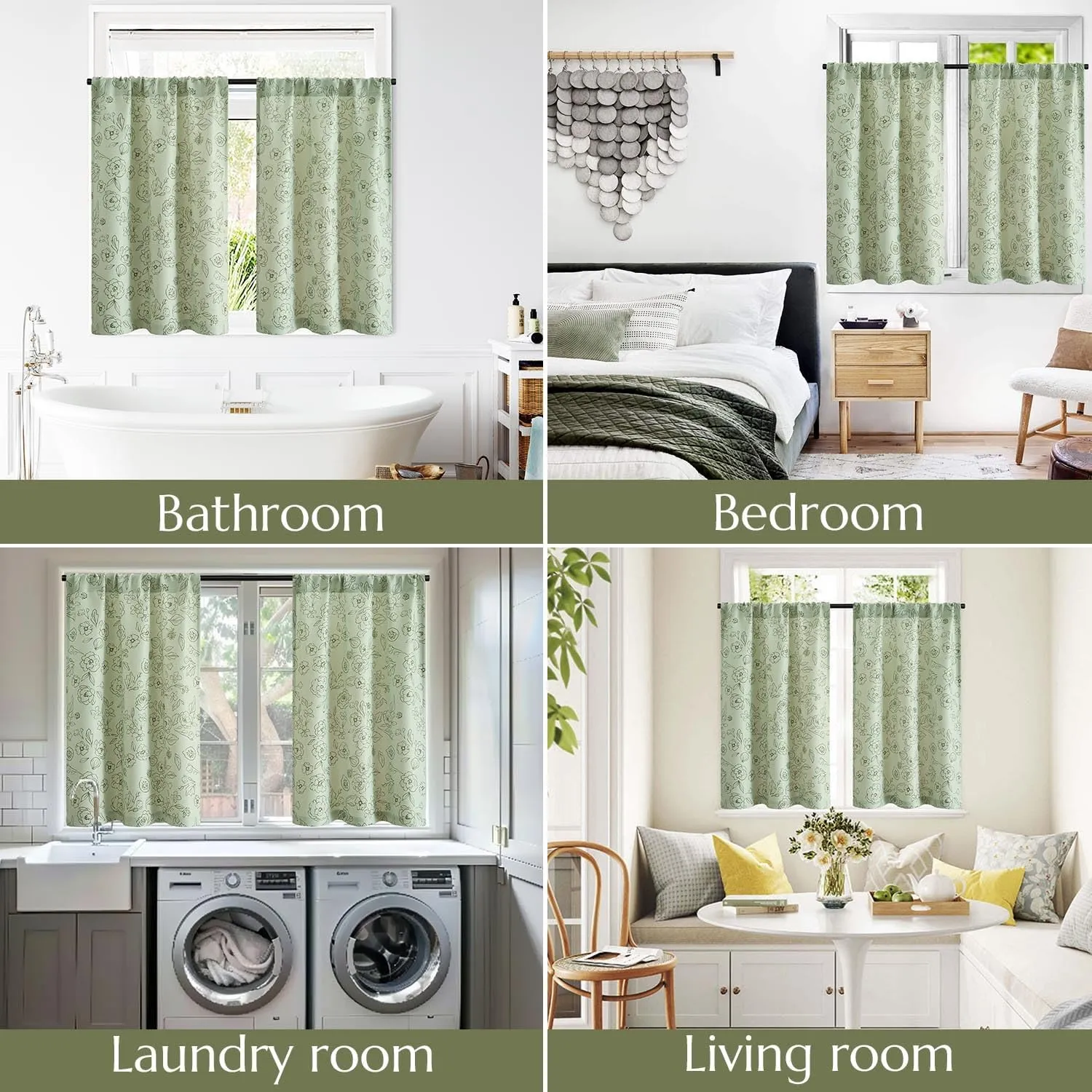 jinchan Floral Kitchen Curtains 24 Inch Length Privacy Small Window Curtains Over Sink Tiers for Living Room Bathroom RV Closet Room Darkening 2 Panels Green