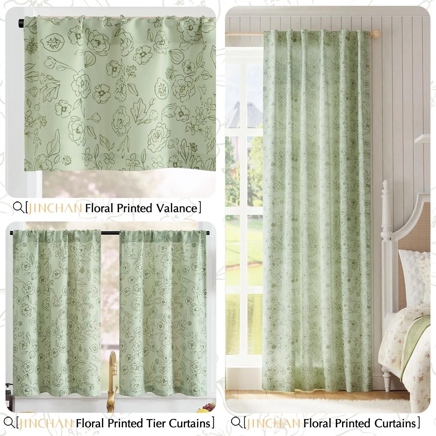 jinchan Floral Kitchen Curtains 24 Inch Length Privacy Small Window Curtains Over Sink Tiers for Living Room Bathroom RV Closet Room Darkening 2 Panels Green