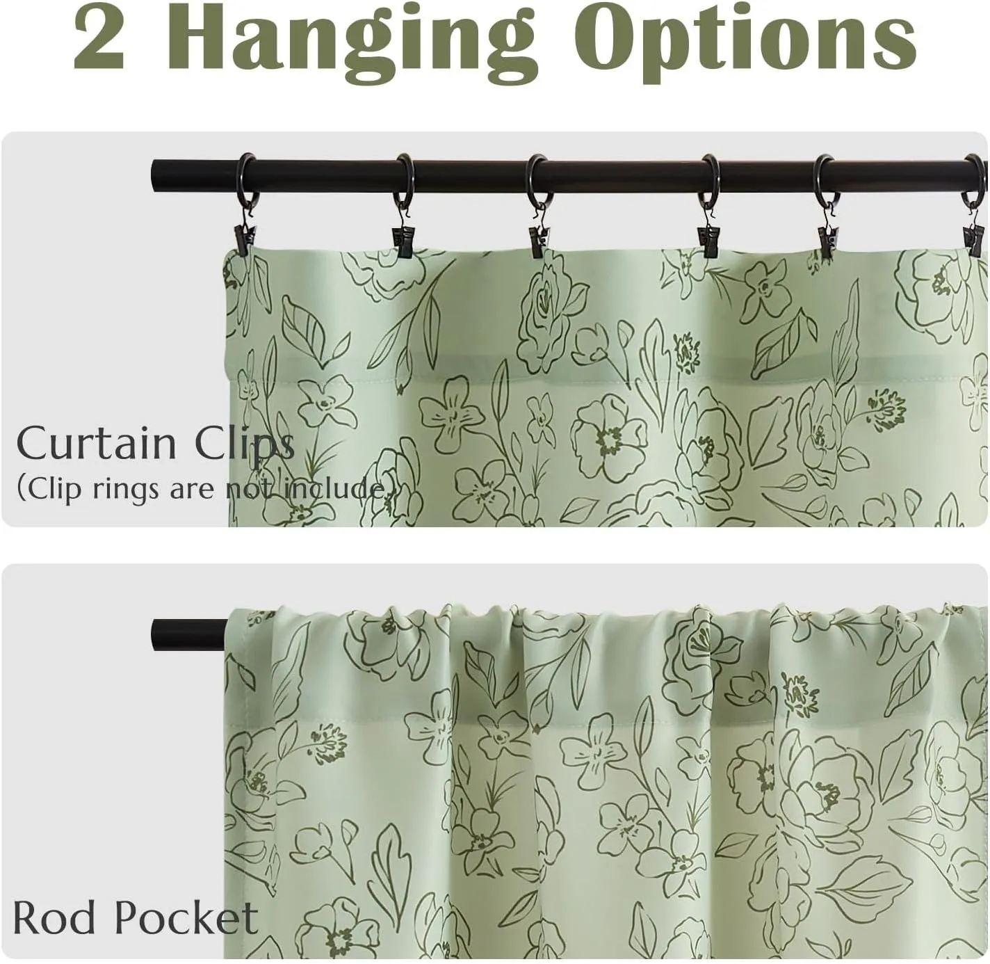 jinchan Floral Kitchen Curtains 24 Inch Length Privacy Small Window Curtains Over Sink Tiers for Living Room Bathroom RV Closet Room Darkening 2 Panels Green