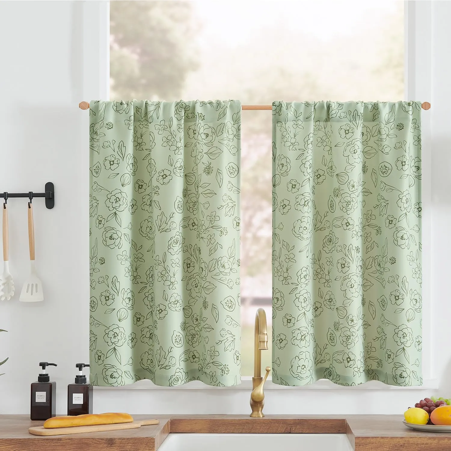 jinchan Floral Kitchen Curtains 24 Inch Length Privacy Small Window Curtains Over Sink Tiers for Living Room Bathroom RV Closet Room Darkening 2 Panels Green